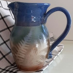 Studio Art Pottery Pitcher 5.75" Blue Teal Tan Forest Floor Artist Signe…